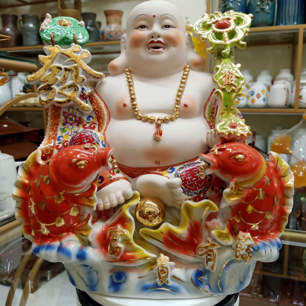 Phật Di Lạc - Tượng Phật Di Lạc Hai Cá Áo Gấm Vẽ Vàng Cao Cấp