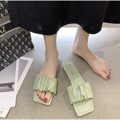 Dép Quai Ngang Nữ Bèo Nhún Tiểu Thư - Dép Lê Nữ Mũi Vuông Nhún Bèo Sành Điệu Mang Cực Êm Chân