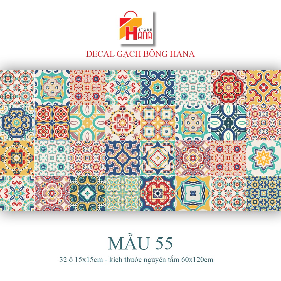 Set 32 ô Decal gạch bông 15cm hoặc 18 ô 20cm - KT: 60x120cm