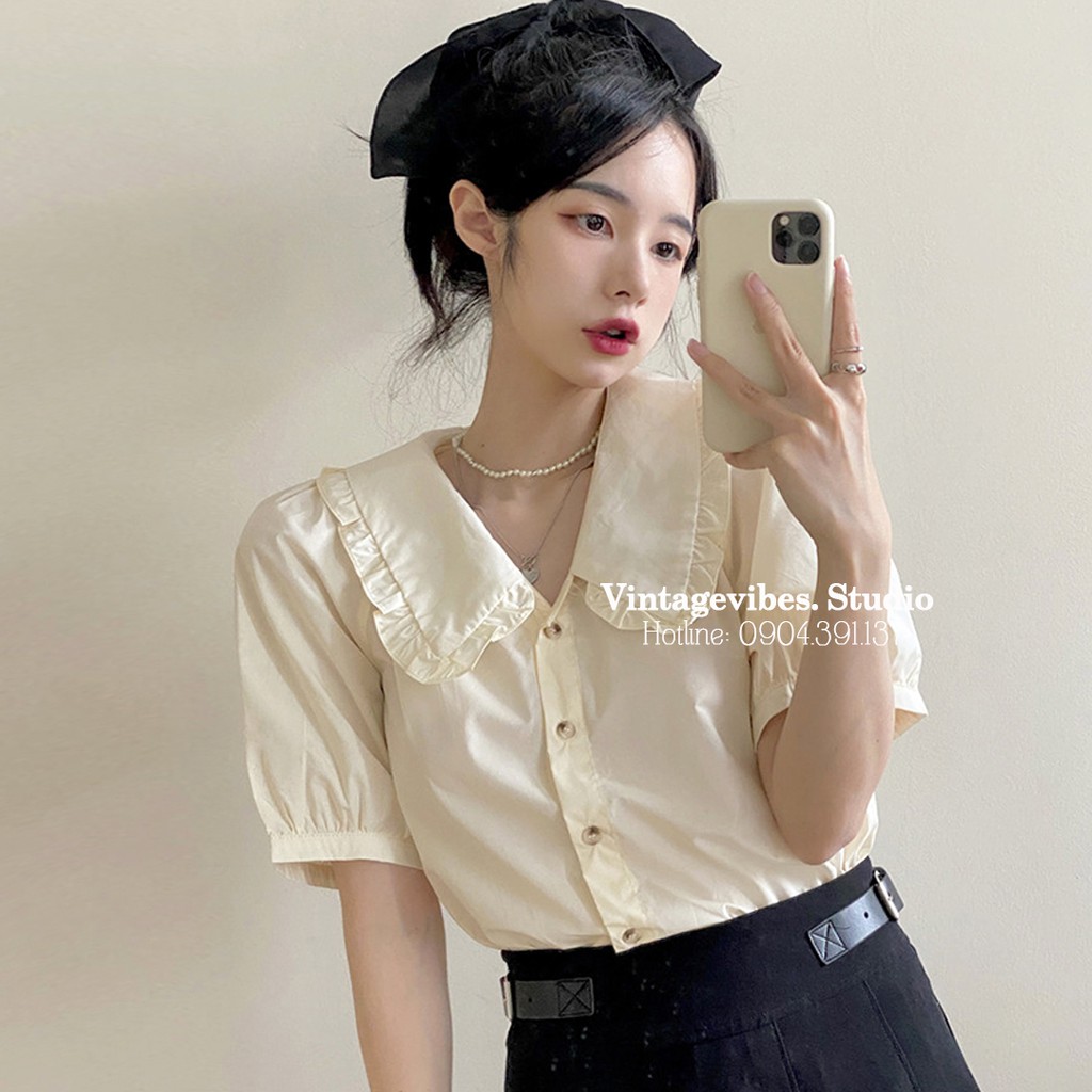 Áo babydoll cổ bèo phối khuy tay bồng Ulzzang  - Ảnh thật