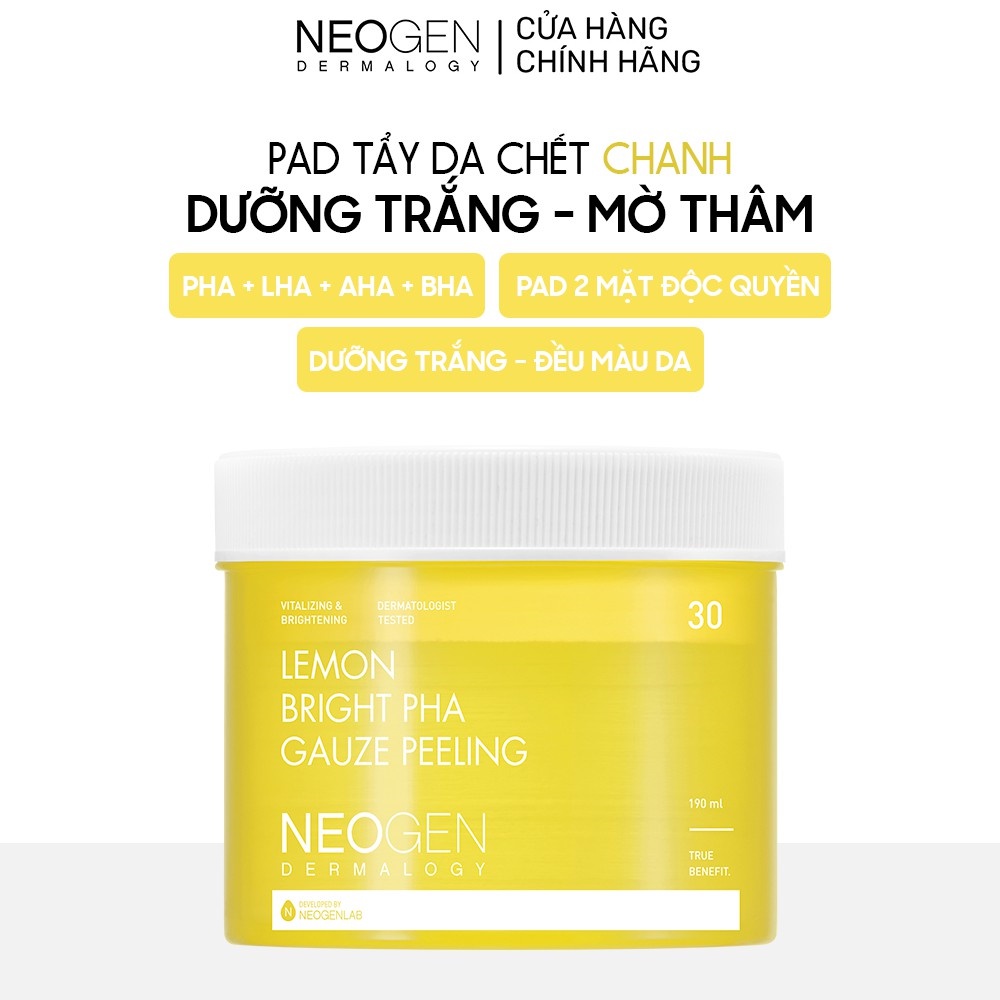 Pad Tẩy Da Chết Chiết Xuất Chanh PHA, Dưỡng Sáng Da Neogen Dermalogy Lemon Bight PHA Gauze Peeling 30 miếng