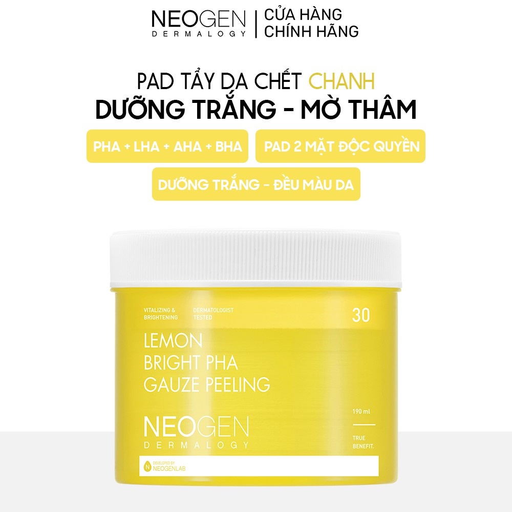 Pad Tẩy Da Chết Chiết Xuất Chanh PHA, Dưỡng Sáng Da Neogen Dermalogy Lemon Bight PHA Gauze Peeling 30 miếng