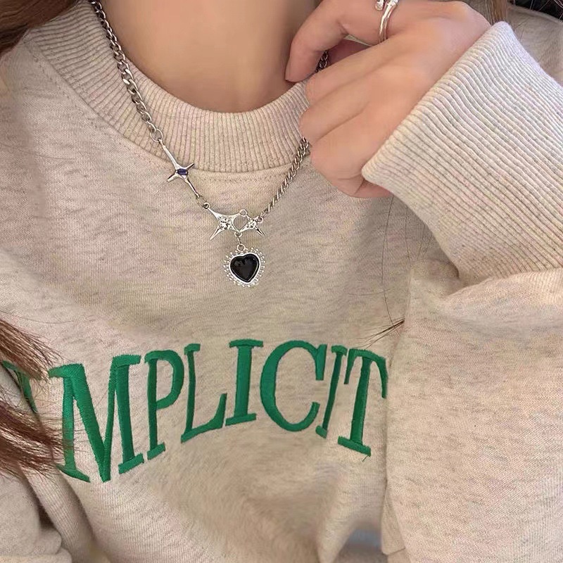 IF ME Vòng cổ Bạc Mặt Hình Ngôi Sao/Trái Tim Màu Đen Đính Đá Thời Trang Cho Nữ