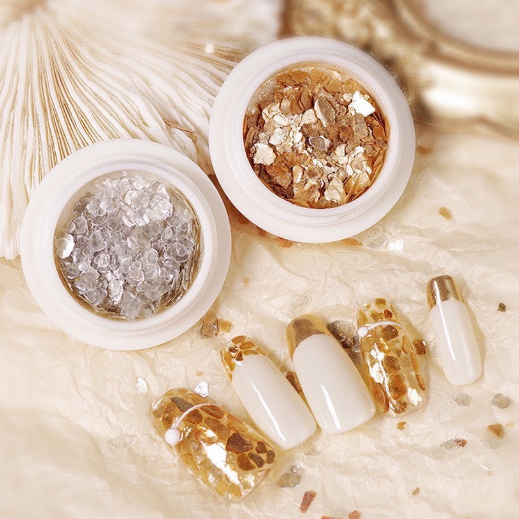 Khảm trai nail trang trí móng 2 màu Vàng/Bạc, nhũ vảy xà cừ, vảy cá