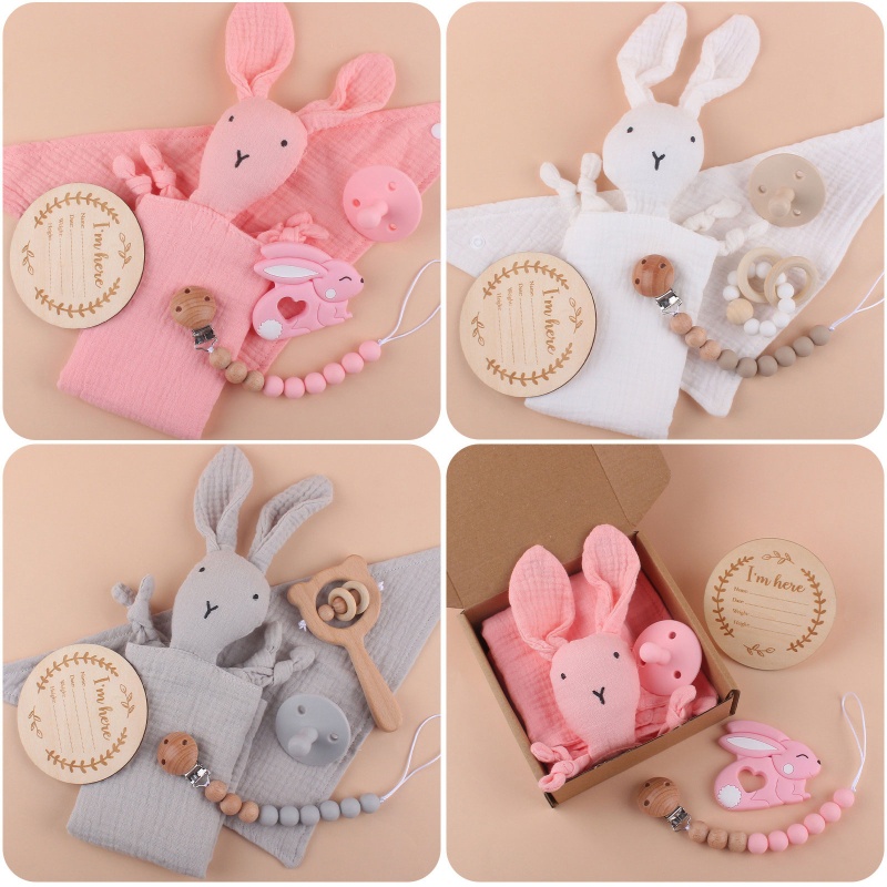 Bộ Thẻ Núm Vú Giả Hình Thỏ Kèm Khăn Lau Cho Bé Sơ Sinh