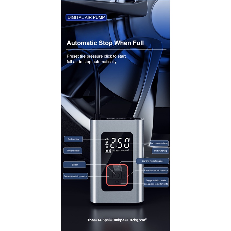 Máy Bơm Lốp Xe Hơi/Xe Máy/Tàu Thuyền Điện Tử Mini Không Dây 140PSI