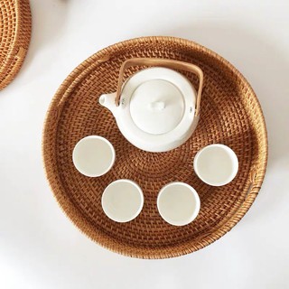 Khay mây tre guột tròn có tay cầm ( Tặng kèm 3 giấy nến decor)