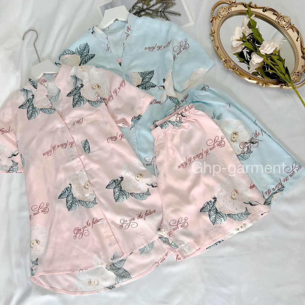 Bộ pijama nữ cổ trụ vải tole , Đồ bộ nữ mặc nhà họa tiết hoa GHP-Garment