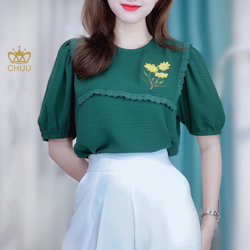 Áo sơ mi kiểu nữ vải đũi thêu hoa CHUU A6749