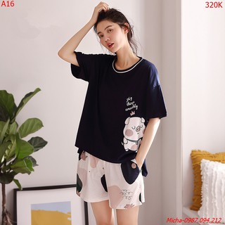 Bộ quần áo nữ 💐FREE SHIP💐 Bộ short xanh than hình heo cute - Micha A16 [đồ bộ nữ]