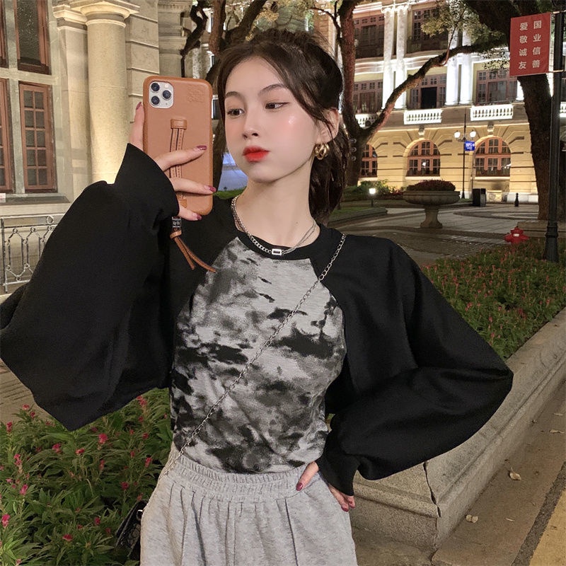 Áo Sweater Tay Dài Giả Hai Lớp Dáng Ngắn Phối Màu Nhuộm Kiểu Hàn Quốc Cá Tính