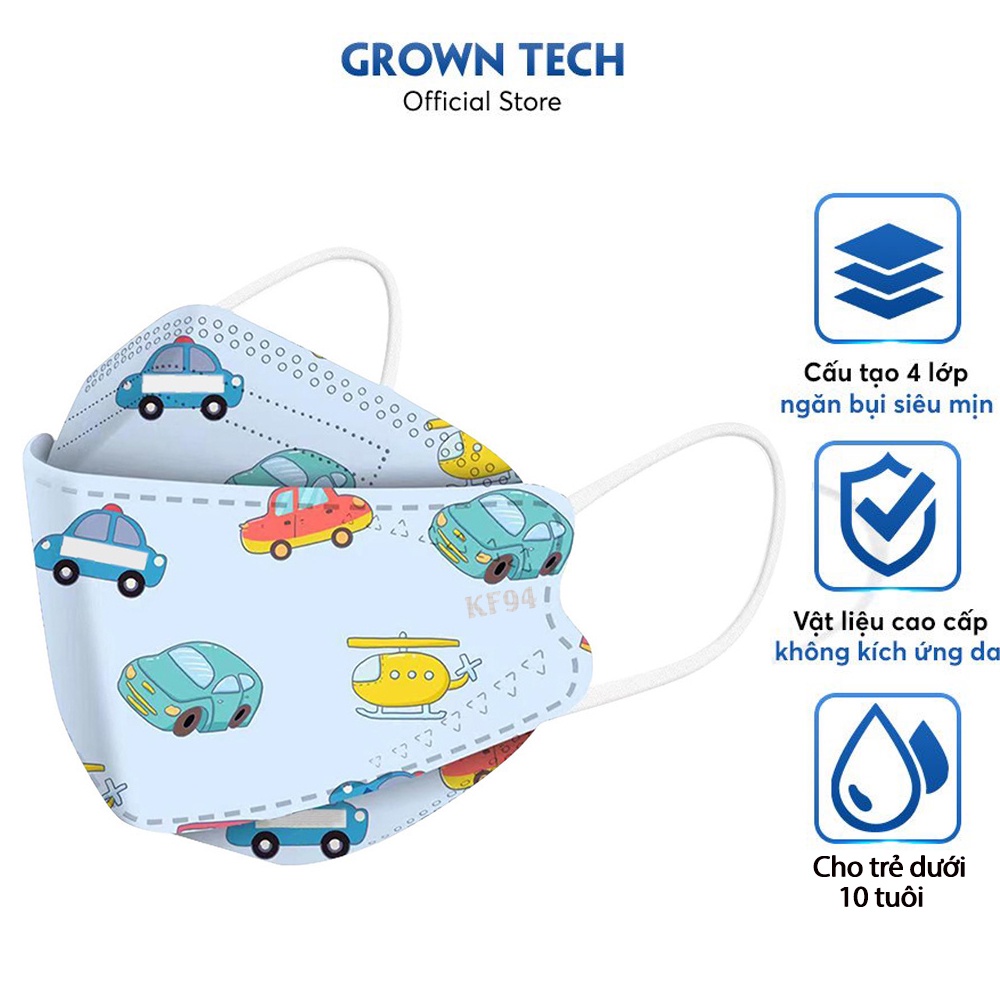 Com bo 10 khẩu trang GrownTech 4D KF94 họa tiết đáng yêu cho trẻ em từ 1 - 10 tuổi uni sex