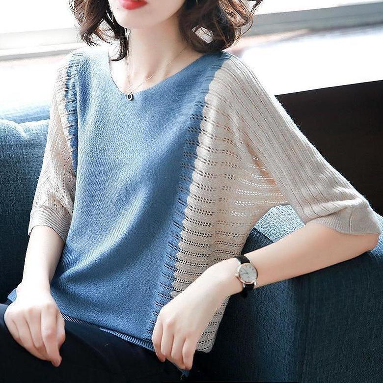 Áo thun dệt kim tay ngắn dáng rộng thời trang mùa hè cho phụ nữ trung niên