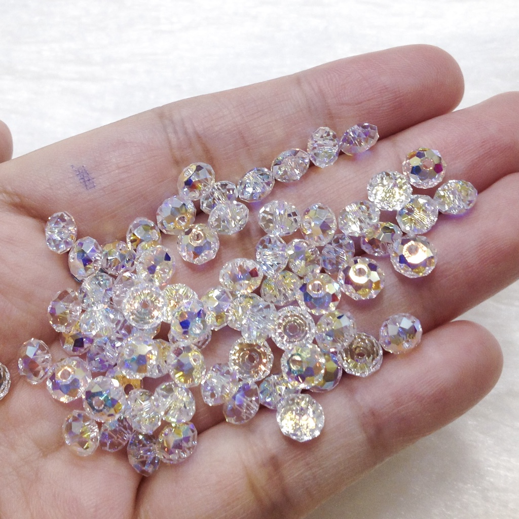 Hạt đá pha lê tròn bẹt trắng ánh 7 màu cao cấp size 4mm 6mm 8mm dùng làm trang sức vòng tay sang trọng