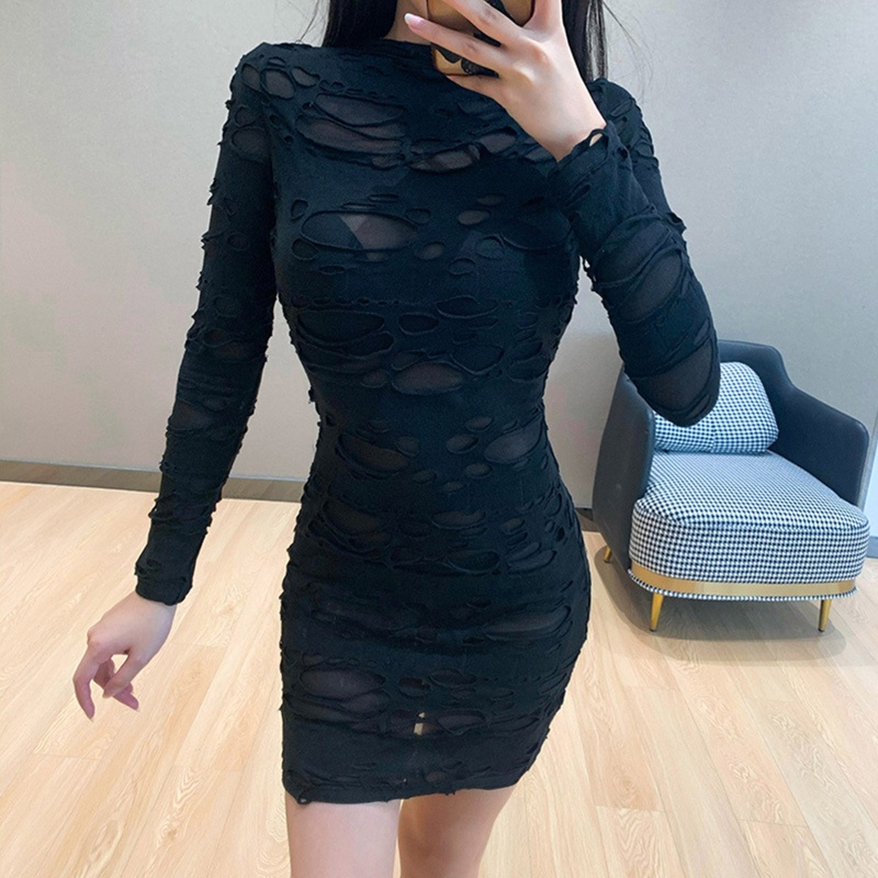 Đầm bút chì tay dài phối vết rách cá tính thời trang dành cho nữ