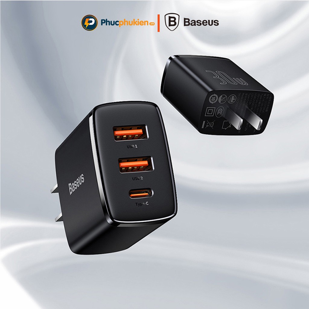 Củ sạc nhanh 30w 3 cổng Baseus Compact sạc nhanh chuẩn QC3.0 và PD3.0 - Phúc Phụ Kiện Bảo hành 12 tháng 1 đổi 1