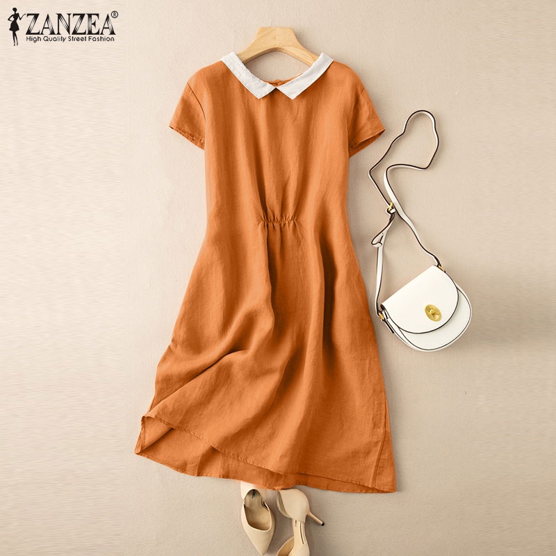 Zanzea Đầm Dài Tay Ngắn Cài Nút Sau Phong Cách Vintage Thời Trang Cho Nữ