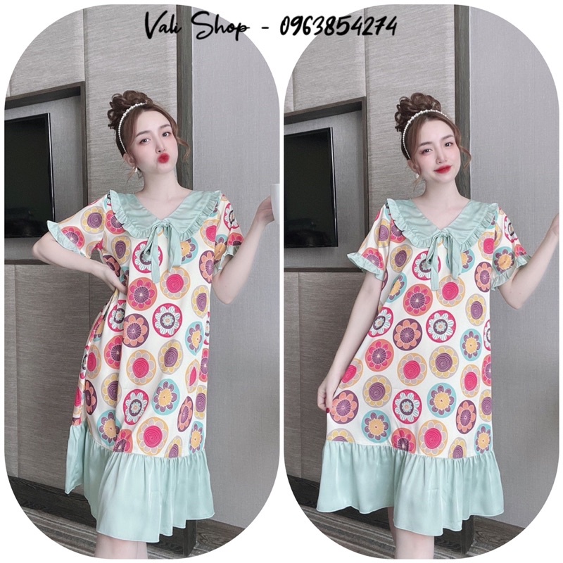 Váy đầm ngủ mặc nhà lụa latin hoạ tiết freesize 42-57kg