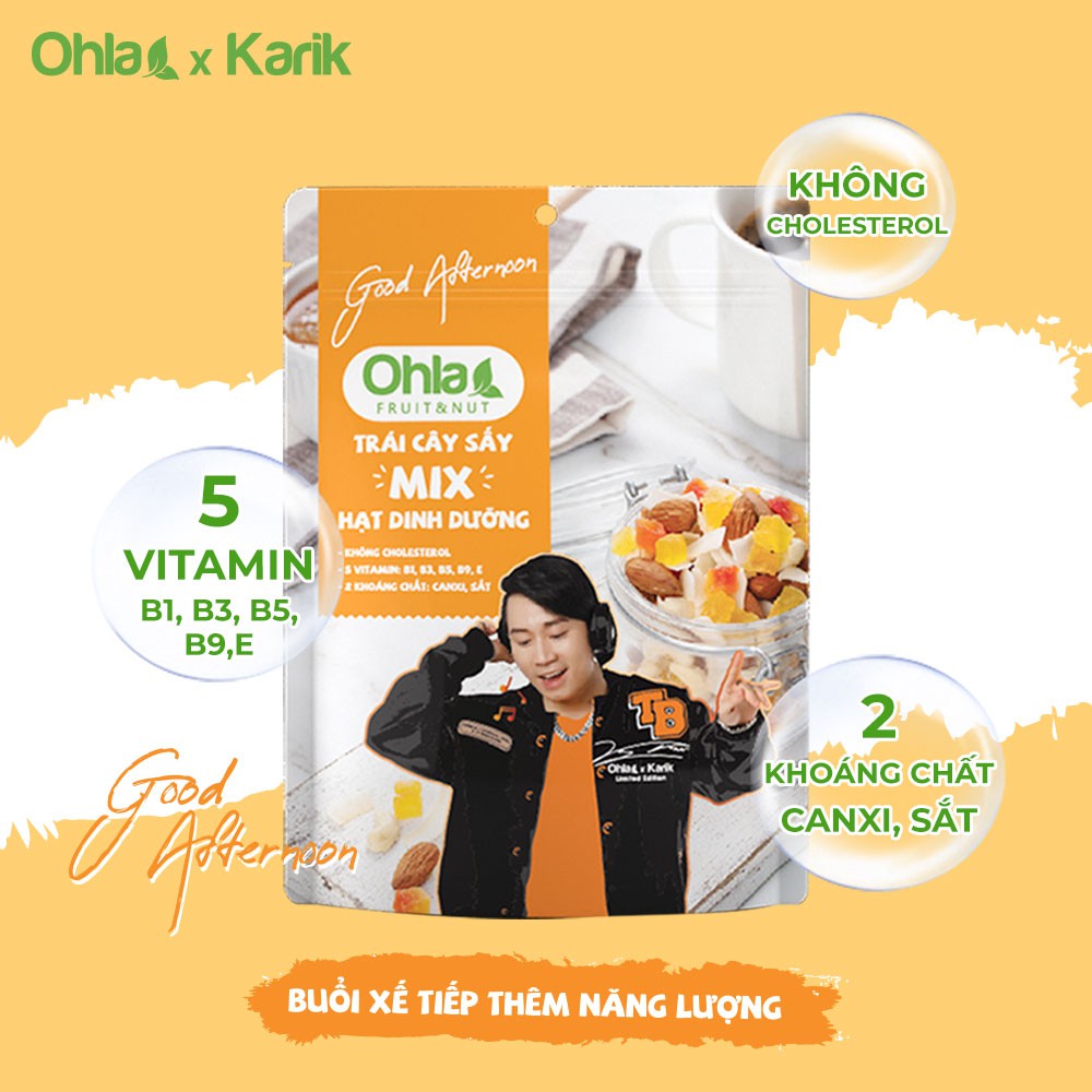 Combo Ăn khỏe - Sống trẻ Karik x Ohla gồm Ngũ cốc dinh dưỡng sáng và tối 180g và Trái cây mix hạt 100g