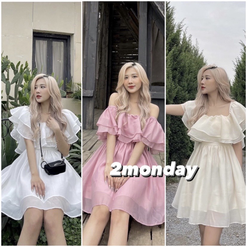 [Sẵn/Video] Váy Trễ Vai Bèo Tầng Đầm Bồng Bềnh Voan 2 Lớp Xinh Xỉu 4 Màu Loại 1