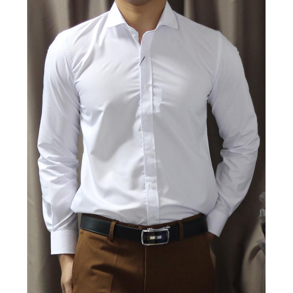 Sơ mi dài tay nam màu trắng ngà chất cotton trơn mát dáng ôm nhẹ dành cho nam | BigBuy360 - bigbuy360.vn