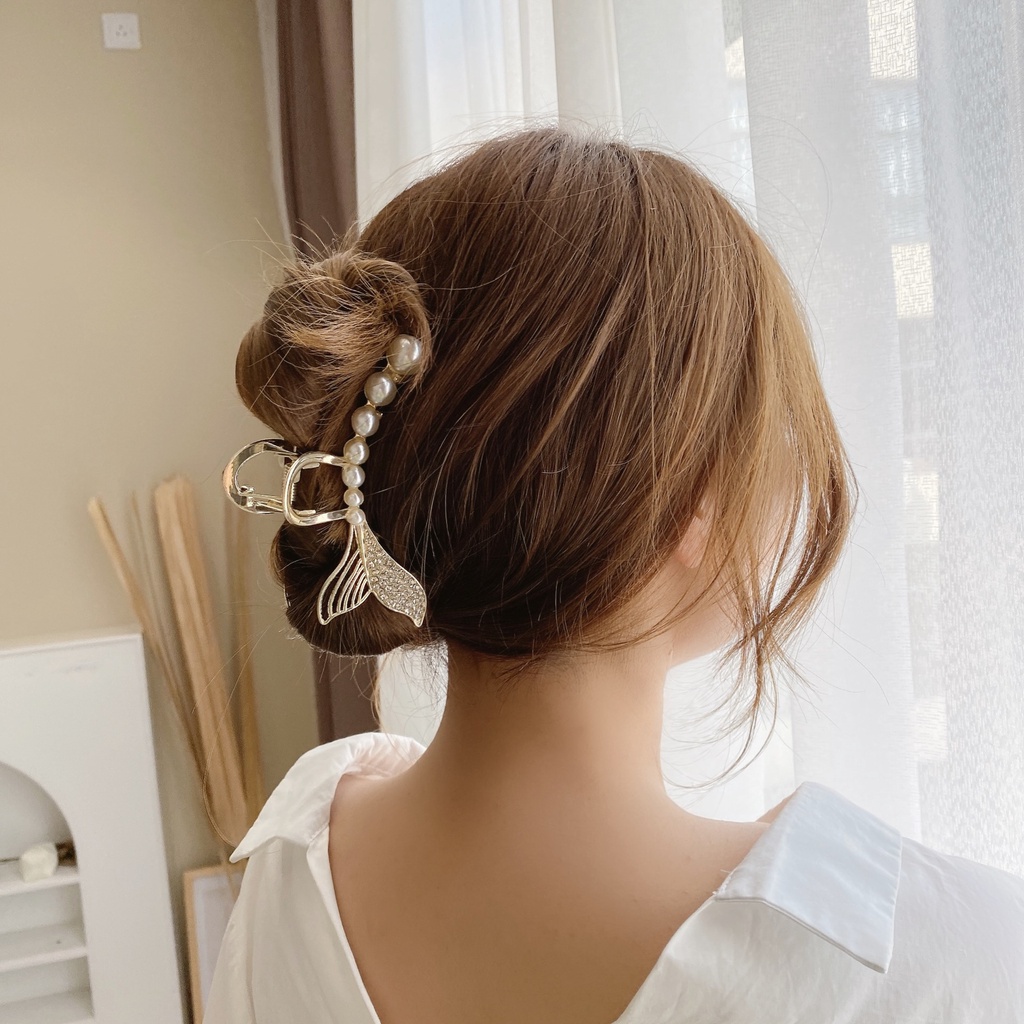 Kẹp tóc Hàn Quốc hình đuôi cá đính đá , kẹp càng cua đính hạt trai , cặp tóc kim loại hottrend 2022