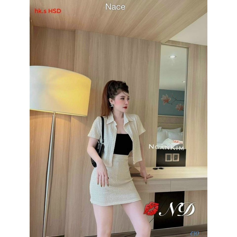 Set bộ đồ nữ đi chơi cá tính, đồ bộ 3 món chân váy ôm body kèm khoác ngắn lưng phối lót cotton, phong cách hàn quốc