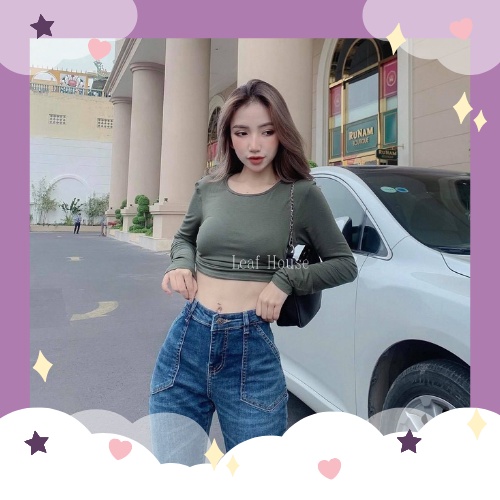 Áo thun croptop tay dài màu xanh rêu