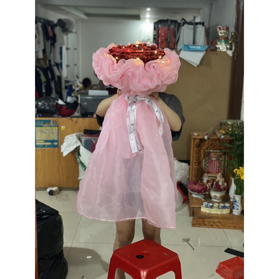 BÓ HOA NHŨ KIM TUYẾN CAO CẤP 30 BÔNG TRÒN BẰNG VẢI VOAN 30 BÔNG KÈM ĐÈN SIÊU ĐẸP SANG CHẢNH GIÁ SỈ RẺ