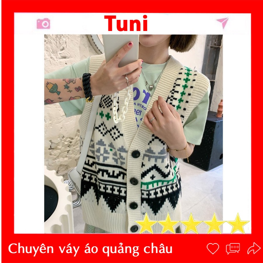 Áo gile len nữ áo len nữ ulzzang hàn quốc cổ chữ v thổ cẩm dáng rộng -008