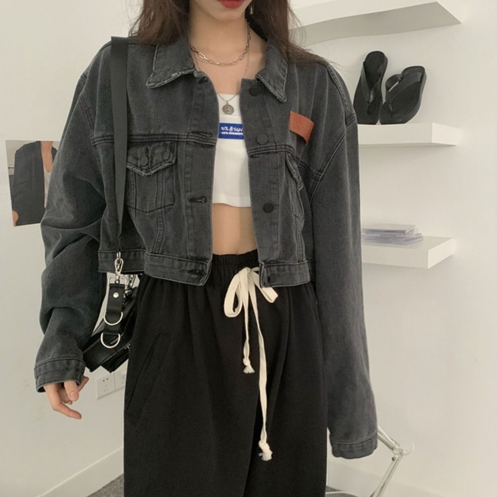 Áo khoác SUXI denim tay dài dáng rộng kiểu retro Hàn Quốc cá tính cho nữ