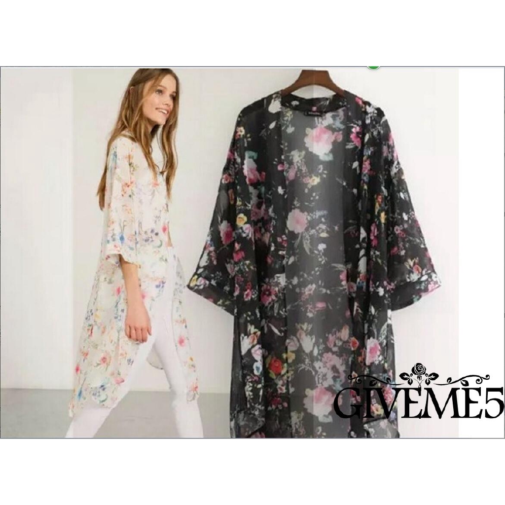 Áo khoác voan Kimono in họa tiết hoa cách điệu phong cách thanh lịch dành cho nữ