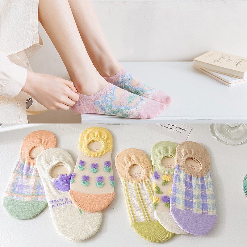 Set 5 Đôi Tất Hài Nữ Họa Tiết Hoa Lá Nhiều Màu Siêu Xinh