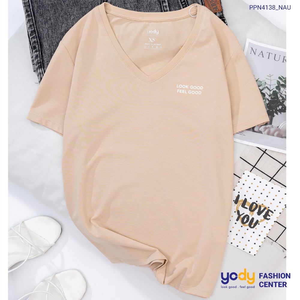 Áo phông nữ YODY cổ tim form rộng vải cotton thoáng mát PPN4138 | BigBuy360 - bigbuy360.vn