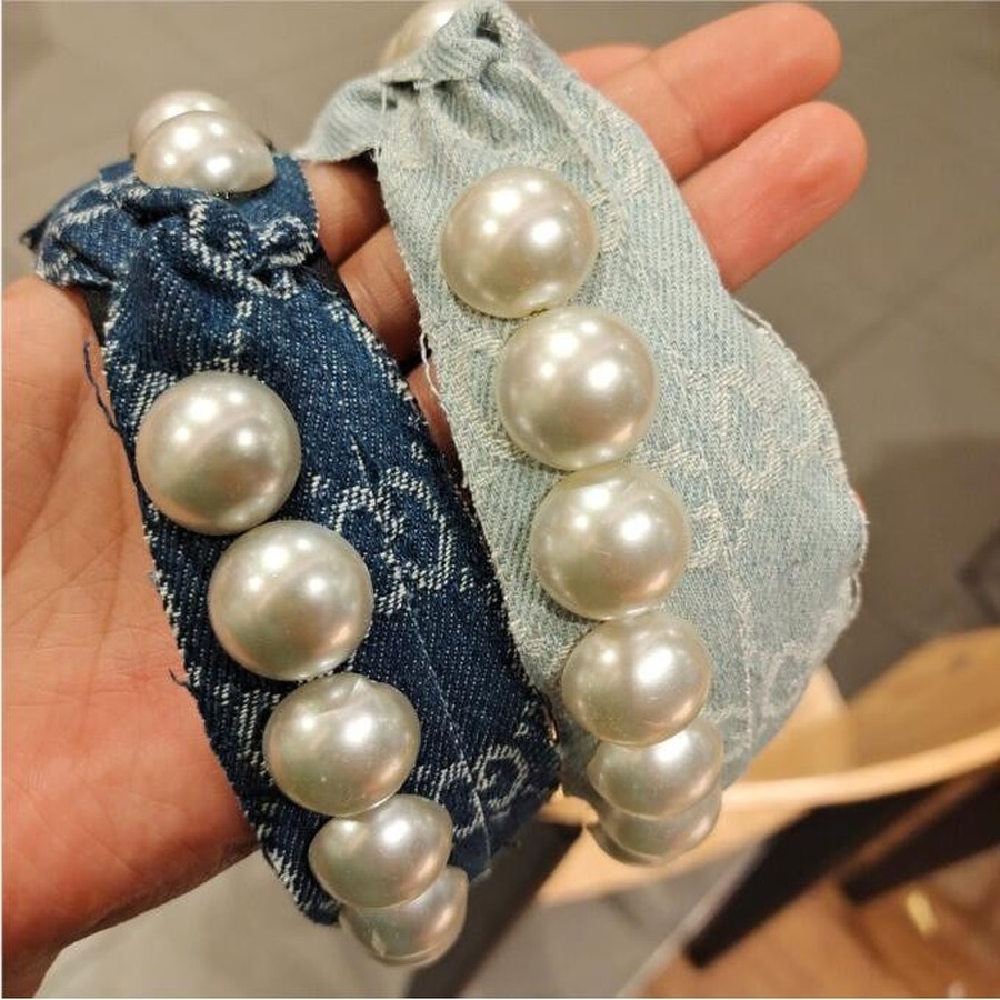 Băng Đô Vải Denim Đính Ngọc Trai Nhân Tạo Thời Trang Sang Trọng