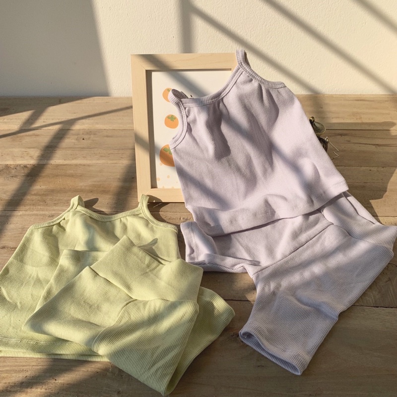Bộ hai dây quần ngố vải cotton gân Hàn độ co giãn tốt, mềm mại cho bé