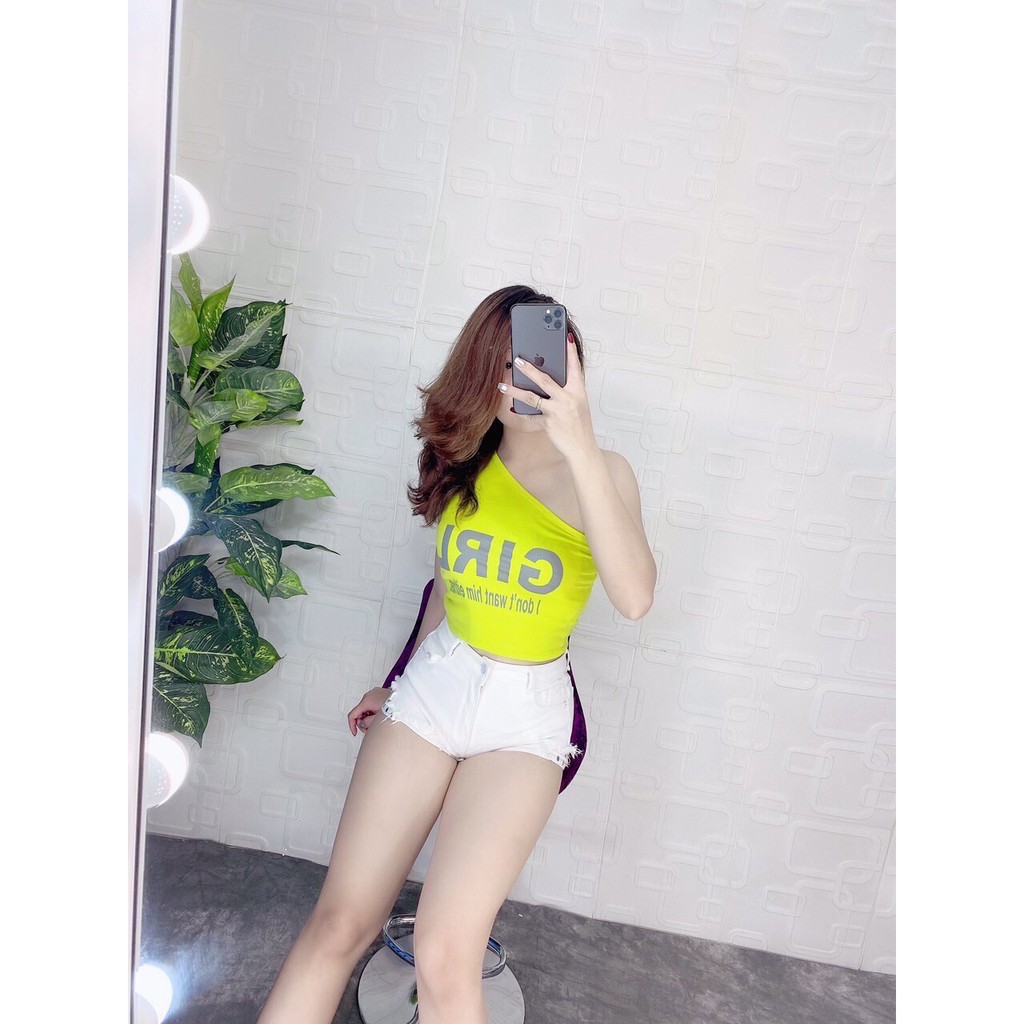 Áo croptop kiểu lệch vai thun cotton borip nhiều màu in chữ cực hot -Ảnh thật kèm video- Hàng có sẵn Đẹp