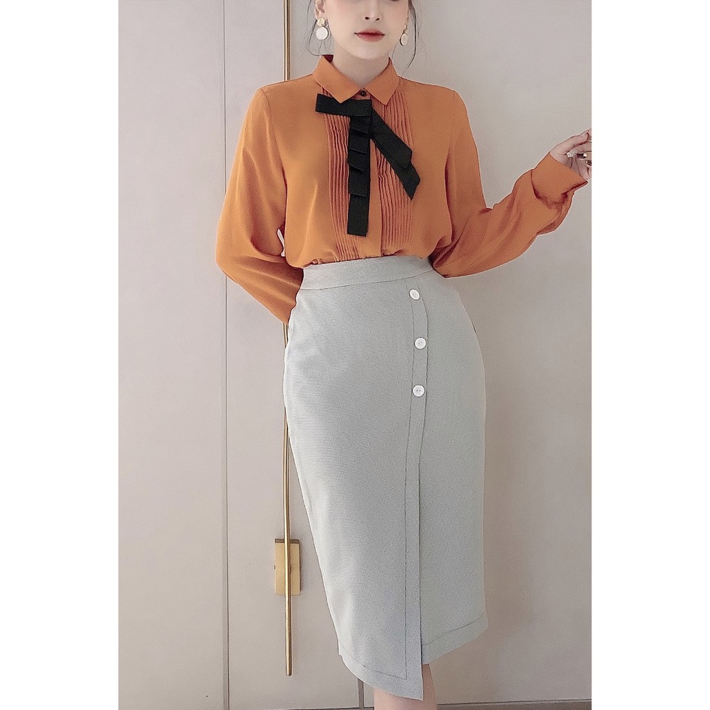 Áo sơ mi dài tay xếp ly nơ cổ - 20Again | BigBuy360 - bigbuy360.vn