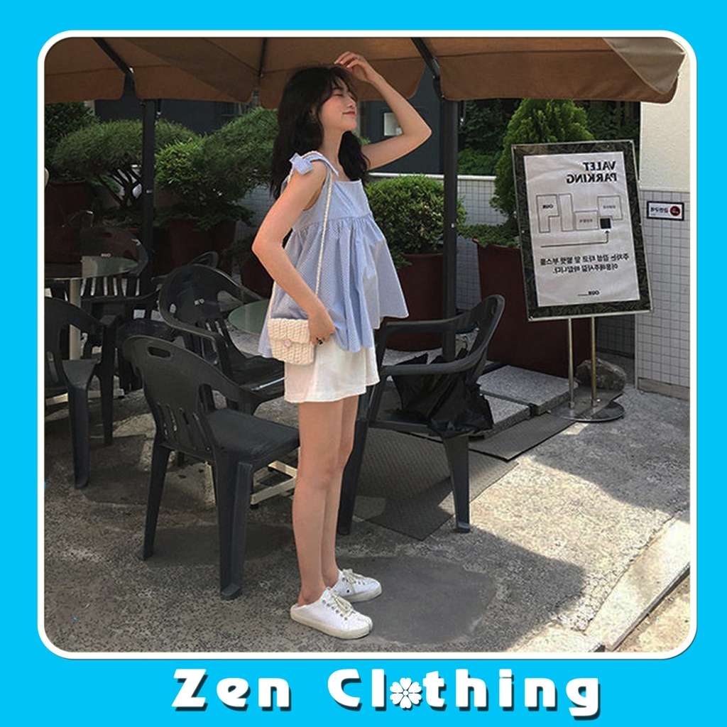 Set áo babydoll 2 dây kẻ xanh xốp kèm quần sooc đùi  trắng bộ đồ nữ babydoll Zen Clothing Zen006 | BigBuy360 - bigbuy360.vn