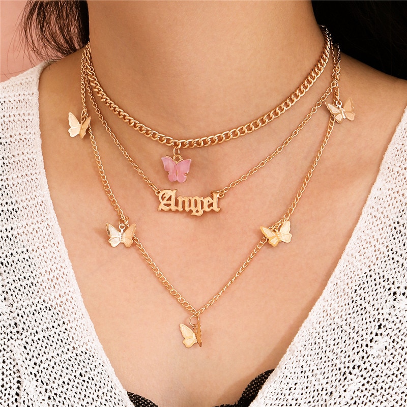 ✨Girlunderwear ✨Bohemian Cute Butterfly Choker Necklace for Women Street Style Statement Necklace Gold Color Letter Necklace Jewelry