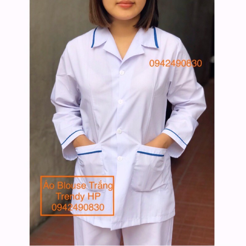 Áo blouse trắng điều dưỡng, y tá nữ cộc tay - áo điều dưỡng có viền xanh