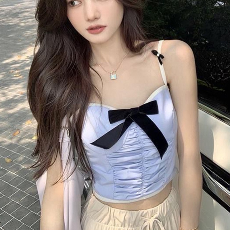 Áo Croptop Hai Dây Cổ Chữ V Thắt Nơ Màu Sắc Tương Phản Chất Liệu Nhung Thời Trang Mùa Hè Cho Nữ