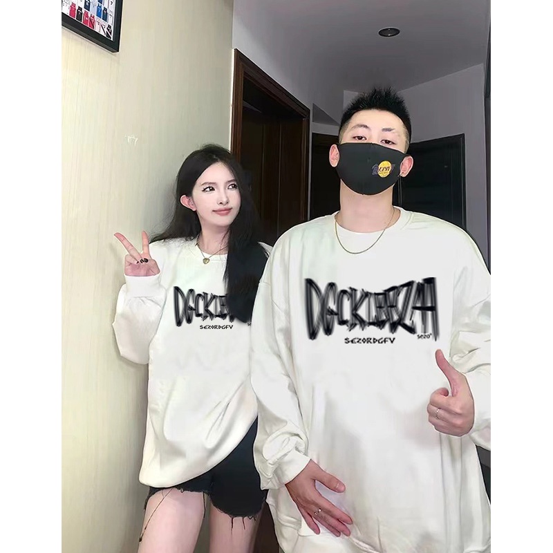 Áo sweater IHKKE màu trắng vai rộng dài ngoại cỡ phong cách đường phố Âu Mỹ cao cấp