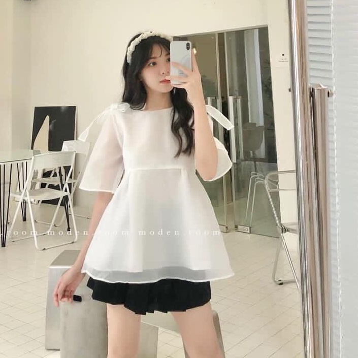 Áo Babydoll Voan Tay Cộc Nơ Vai Vải Voan Tơ 2 Lớp Xịn Xò- babydoll tiểu thư tay bồng phong cách ulzzang hàn quốc