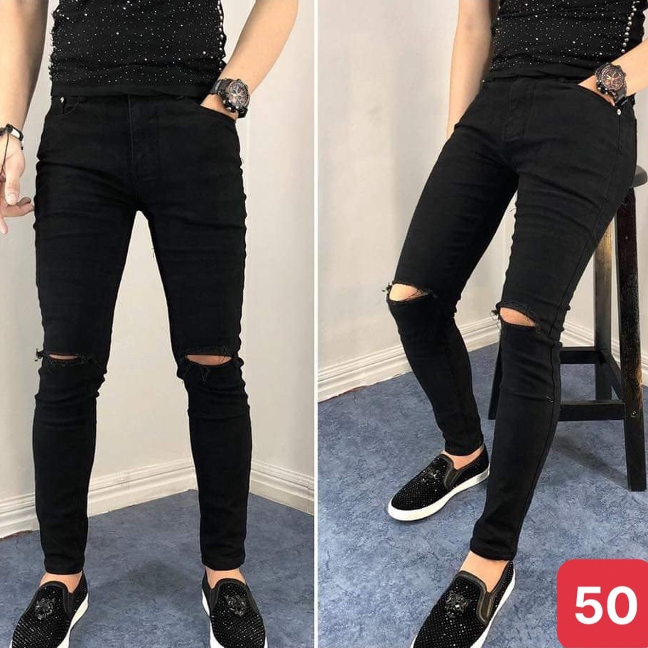 Quần jeans nam đen đậm trơn rách gối chất jean bò cao cấp co dãn 4 chiều đẹp rin from dáng rin skinny ADO109