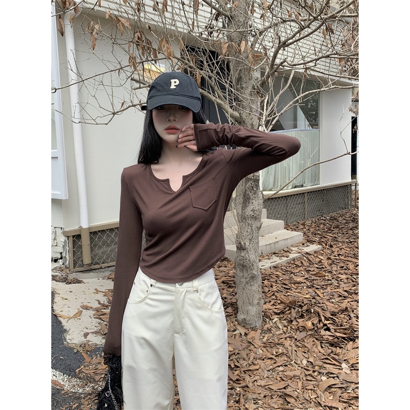 Áo Croptop Tay Dài Cổ Chữ V Thiết Kế Mới Thời Trang Mùa Hè Dành Cho Nữ