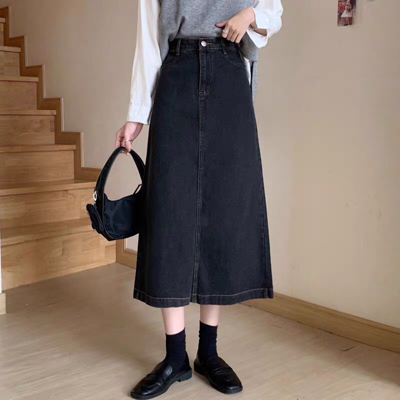 Chân váy jean dài cạp cao, váy jean bò nữ dài cạp chỉnh to nhỏ phong cách Hàn Quốc_A14