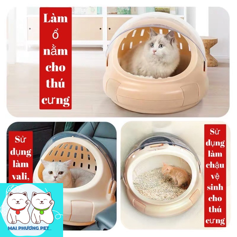 Lồng phi hành gia kết hợp ổ nệm nhựa cho chó mèo Màu Be cho chó mèo dưới 4kg đầy đủ phụ kiện
