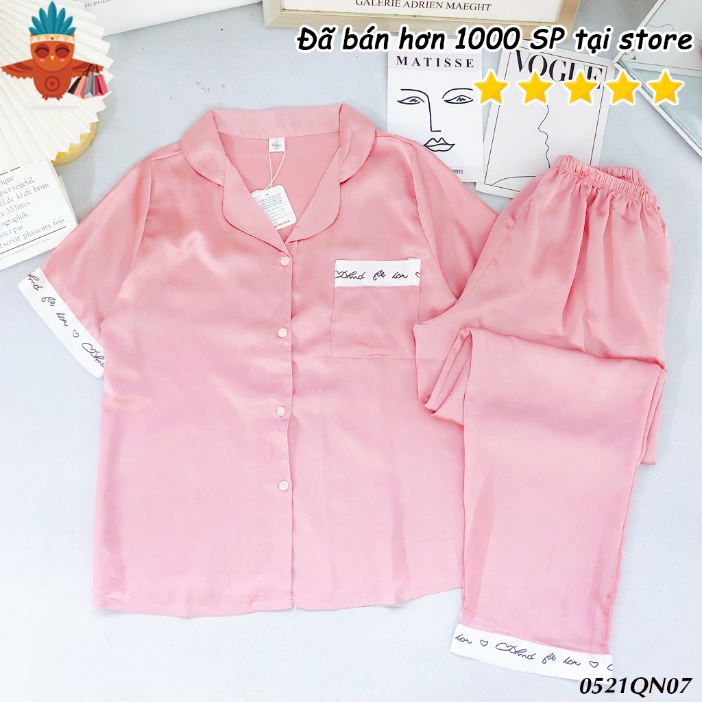 Đồ bộ satin tay ngắn quần dài viền chữ THOCA HOUSE pyjama mặc nhà mát mẻ