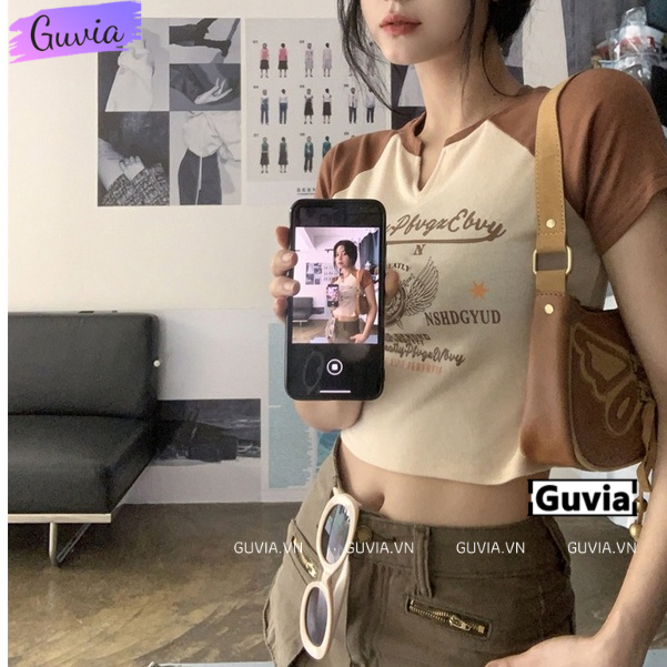 Áo Croptop Ôm Body Nữ AGREATLY Cổ Tròn Tay Ngắn, Áo Thun Croptop Kiểu Sexy In Họa Tiết GUVIA CR63